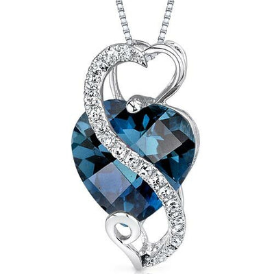 London Blue Topaz and Diamond Pendant Necklace 14K White Gold 2.99 Carats Heart Shape