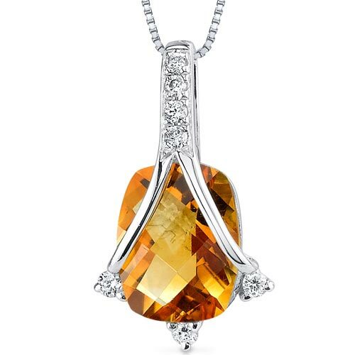 Citrine Pendant Necklace 14 Karat White Gold Cushion 1.86 Carats