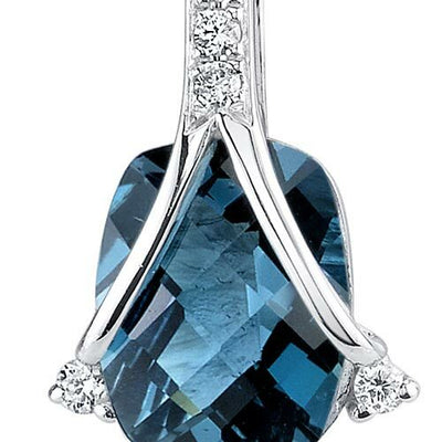 London Blue Topaz and Diamond Pendant Necklace 14K White Gold 2.26 Carats Cushion Cut