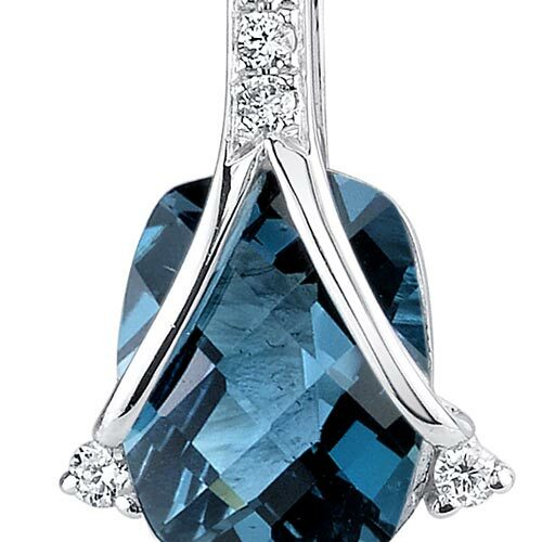 London Blue Topaz and Diamond Pendant Necklace 14K White Gold 2.26 Carats Cushion Cut