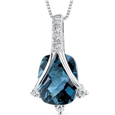 London Blue Topaz and Diamond Pendant Necklace 14K White Gold 2.26 Carats Cushion Cut