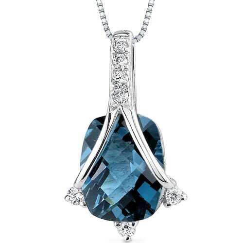 London Blue Topaz and Diamond Pendant Necklace 14K White Gold 2.26 Carats Cushion Cut