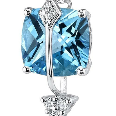 Swiss Blue Topaz and Diamond Pendant Necklace 14K White Gold 2.63 Carat Cushion Cut