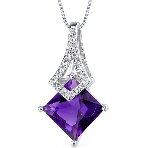 Amethyst and Diamond Pendant Necklace 14K White Gold 1.51 Carats Princess Cut