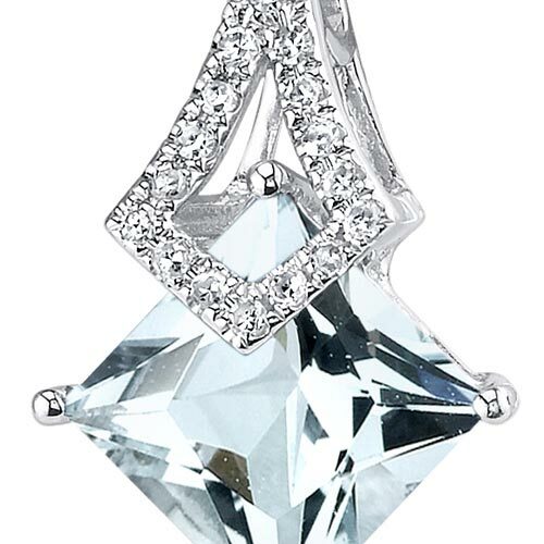 Aquamarine and Diamond Pendant Necklace 14K White Gold 1.45 Carats Princess Cut