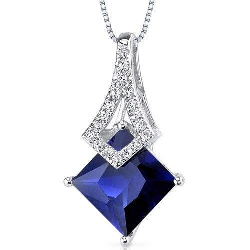 Blue Sapphire and Diamond Pendant Necklace 14K White Gold 2.43 Carats Princess Cut