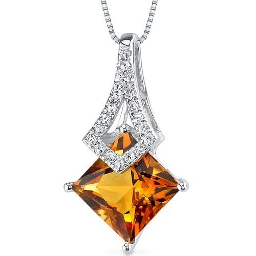 Citrine Pendant Necklace 14 Karat White Gold Princess 1.58 Carat