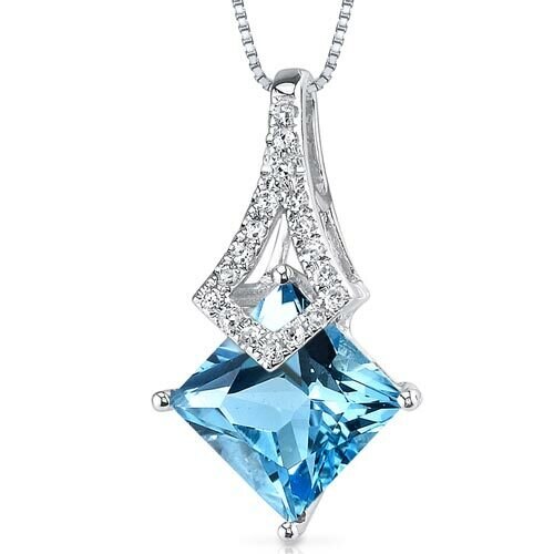 Swiss Blue Topaz Pendant Necklace 14 Karat White Gold 2.09 Cts