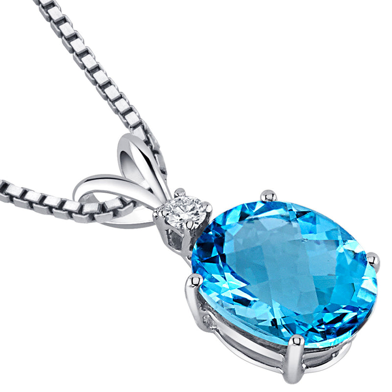 Swiss Blue Topaz and Diamond Pendant 14 Karat White Gold 2.87 Carats Oval