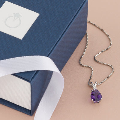 Amethyst and Diamond Pendant Necklace 14K White Gold 1.58 Carats Pear Shape