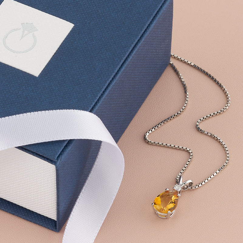 Citrine and Diamond Pendant Necklace 14K White Gold 1.58 Carats Pear Shape