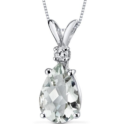 Green Amethyst and Diamond Pendant Necklace 14K White Gold 1.66 Carats Pear Shape