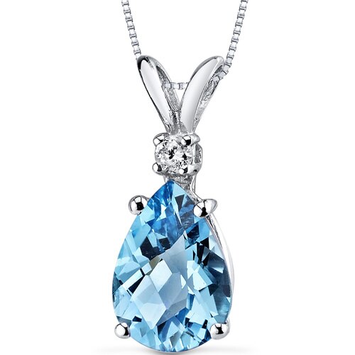 Swiss Blue Topaz and Diamond Pendant Necklace 14K White Gold 2.26 Carats Pear Shape