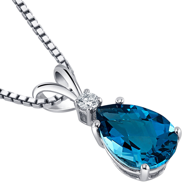 London Blue Topaz and Diamond Pendant Necklace 14K White Gold 1.99 Carats Pear Shape