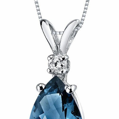 London Blue Topaz and Diamond Pendant Necklace 14K White Gold 1.99 Carats Pear Shape