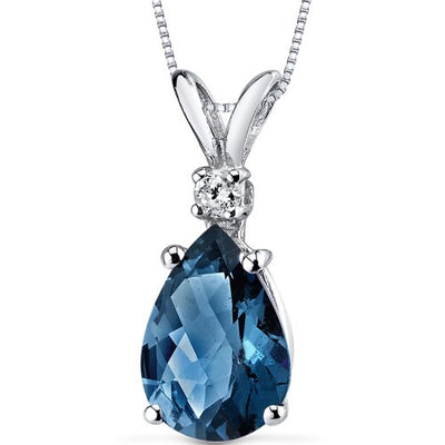 London Blue Topaz and Diamond Pendant Necklace 14K White Gold 1.99 Carats Pear Shape