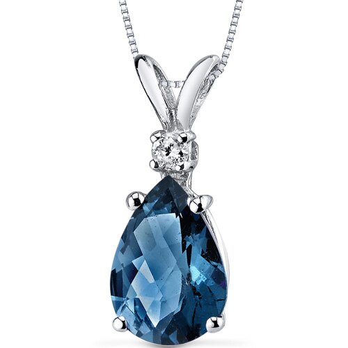 London Blue Topaz and Diamond Pendant Necklace 14K White Gold 1.99 Carats Pear Shape