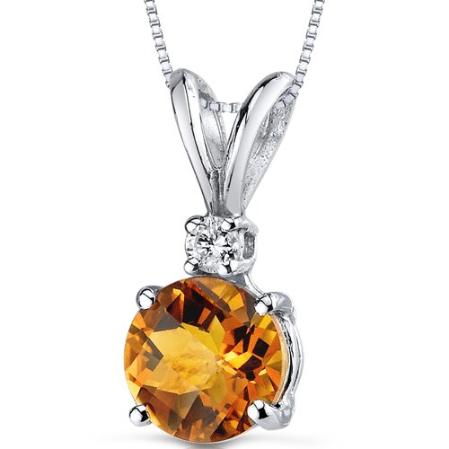 Citrine and Diamond Pendant Necklace 14K White Gold 0.98 Carat Round