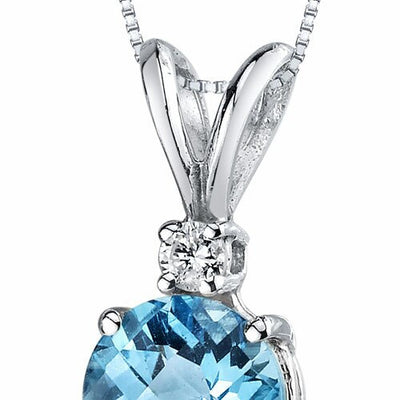 Swiss Blue Topaz and Diamond Pendant 14K White Gold 1.23 Carats Round