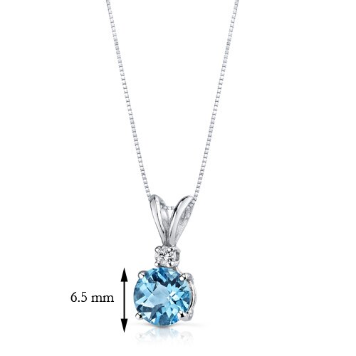 Swiss Blue Topaz and Diamond Pendant 14K White Gold 1.23 Carats Round