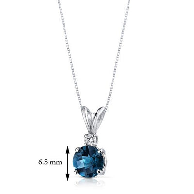 London Blue Topaz and Diamond Pendant 14K White Gold 1.25 Carats Round