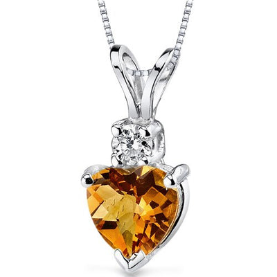 Citrine and Diamond Pendant Necklace 14K White Gold 0.70 Carat Heart Shape