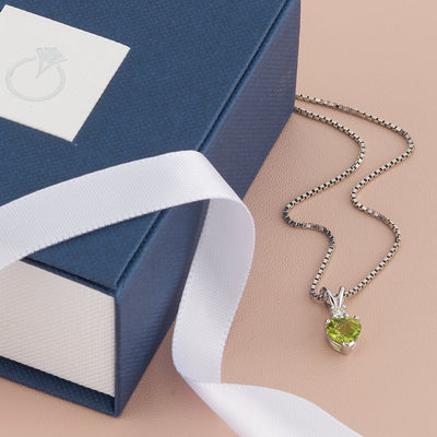 Peridot and Diamond Pendant Necklace 14K White Gold 0.86 Carat Heart Shape