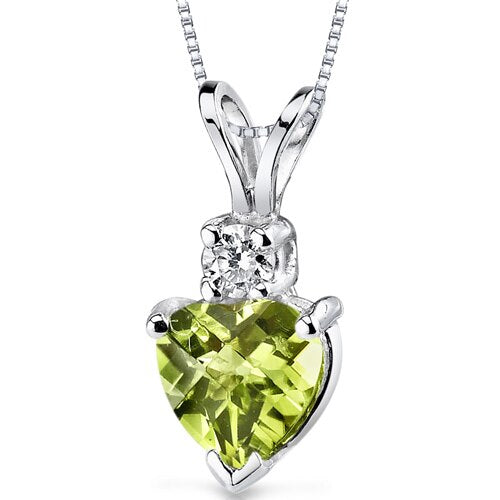 Peridot and Diamond Pendant Necklace 14K White Gold 0.86 Carat Heart Shape