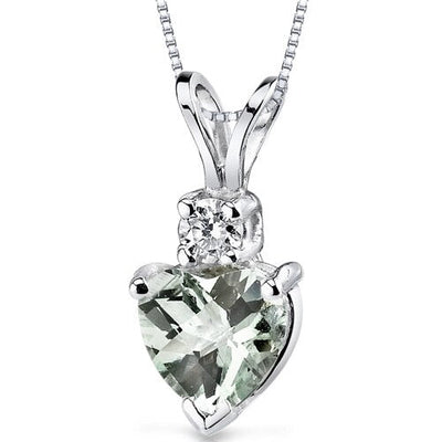 Green Amethyst and Diamond Pendant Necklace 14K White Gold 0.76 Carat Heart Shape