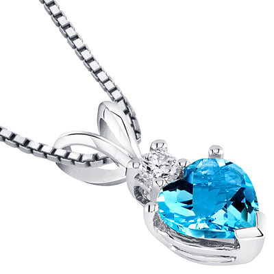 Swiss Blue Topaz and Diamond Pendant Necklace 14K White Gold 0.91 Carat Heart Shape