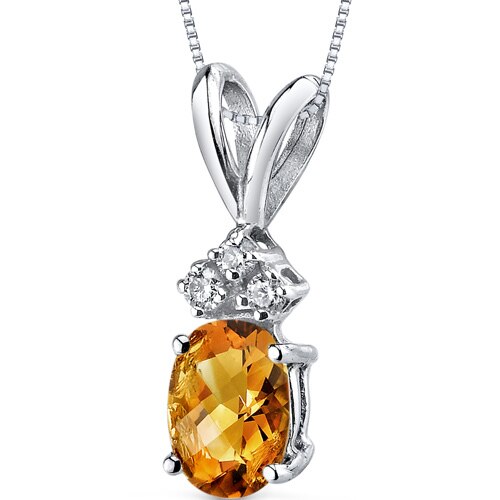 Citrine and Diamond Pendant Necklace 14K White Gold 0.75 Carat Oval