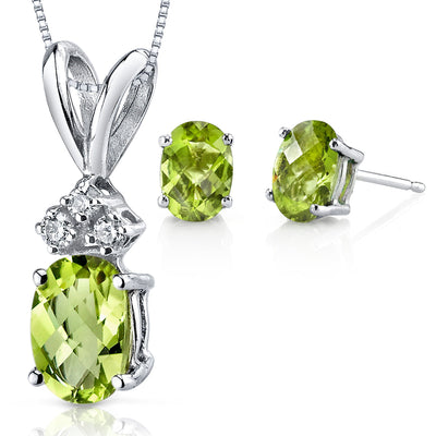 Peridot Oval Shape Stud Earrings and Pendant with Diamond Accent 14K White Gold 2.91 ctw Gift Set