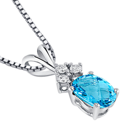 Swiss Blue Topaz and Diamond Pendant Necklace 14K White Gold 0.91 Carat Oval