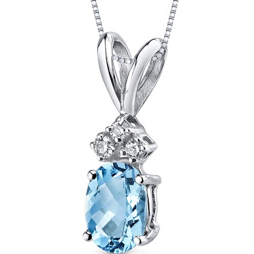 Swiss Blue Topaz and Diamond Pendant Necklace 14K White Gold 0.91 Carat Oval