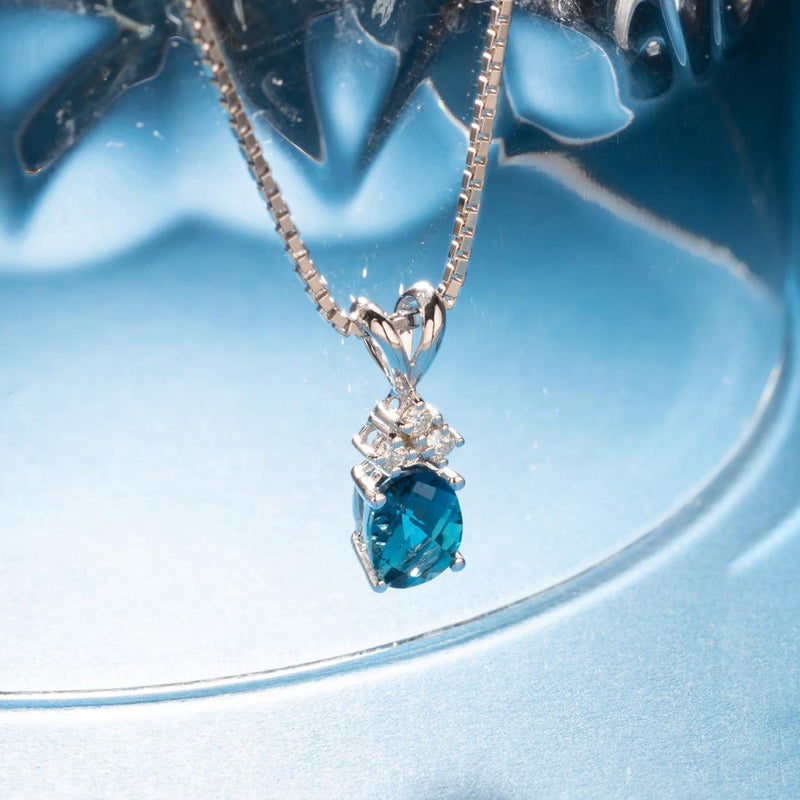 London Blue Topaz and Diamond Pendant Necklace 14K White Gold 0.91 Carat Oval