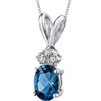 London Blue Topaz and Diamond Pendant Necklace 14K White Gold 0.91 Carat Oval