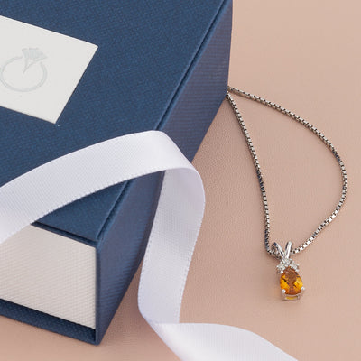 Citrine and Diamond Pendant Necklace 14K White Gold 0.63 Carat Pear Shape