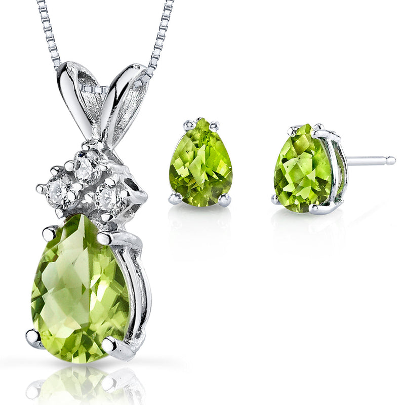 Peridot Pear Shape Stud Earrings and Pendant with Diamond Accent 14K White Gold 2.19 ctw Gift Set