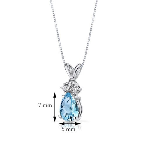 Swiss Blue Topaz and Diamond Pendant Necklace 14K White Gold 0.77 Carat Pear Shape