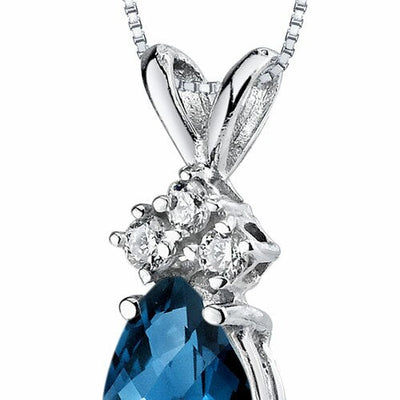 London Blue Topaz and Diamond Pendant Necklace 14K White Gold 0.77 Carat Pear Shape