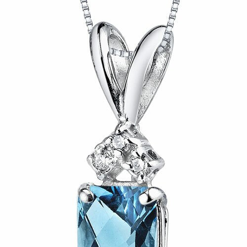 Swiss Blue Topaz and Diamond Pendant 14K White Gold 1.13 Carats Radiant Cut