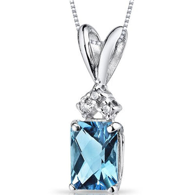 Swiss Blue Topaz and Diamond Pendant 14K White Gold 1.13 Carats Radiant Cut