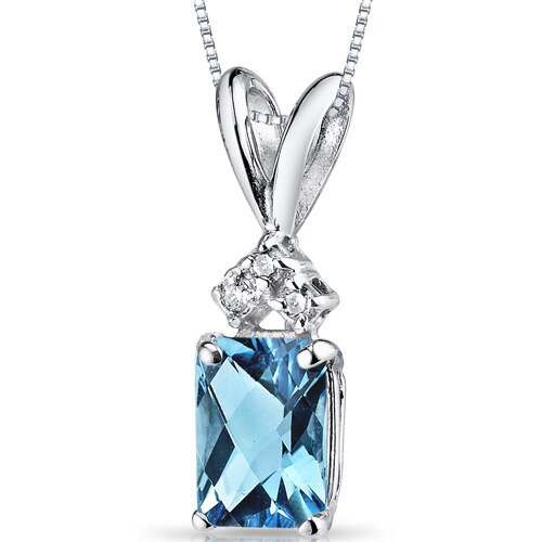 Swiss Blue Topaz and Diamond Pendant 14K White Gold 1.13 Carats Radiant Cut