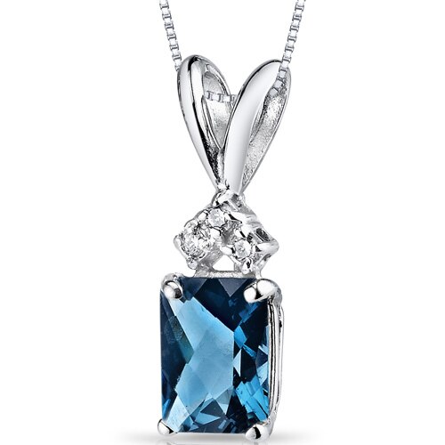 London Blue Topaz and Diamond Pendant 14K White Gold 1.12 Carat Radiant Cut