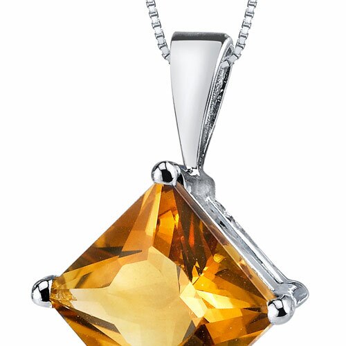 Citrine Pendant Necklace 14 Karat White Gold Princess 2.26 Carat