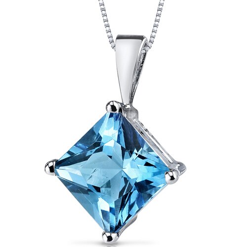 Swiss Blue Topaz Pendant Necklace 14 Karat White Gold 2.88 Cts