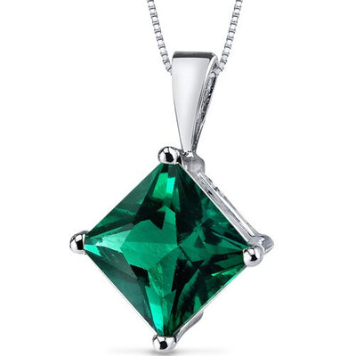 Emerald Pendant Necklace 14 Karat White Gold Princess 2.2 Carats P9134