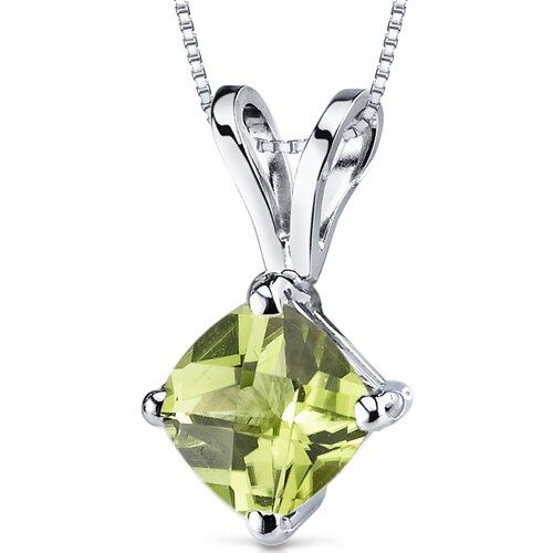 Peridot Pendant Necklace 14 Karat White Gold Cushion 0.88 Carats