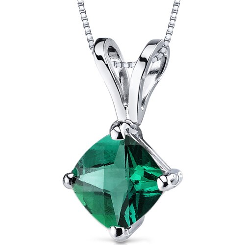 Emerald Pendant Necklace 14 Karat White Gold Cushion 0.79 Carats