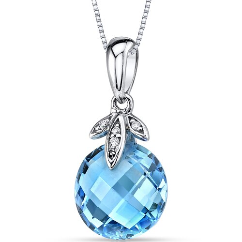 Swiss Blue Topaz and Diamond Pendant Necklace 14K White Gold 4.50 Carats Round